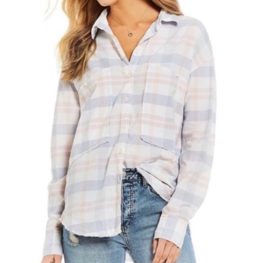 Free People Loveland Pastel Plaid Button Down Shirt Size XS Raw Hem - Picture 2 of 8
